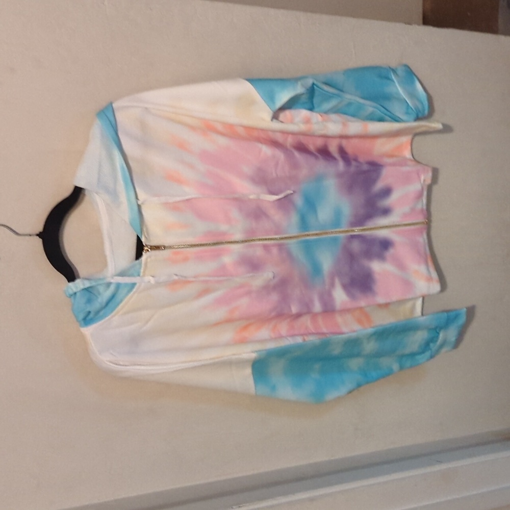 Dear lover , Sky blue Zipper Drawstring Tie Dye Color Block Hoodie